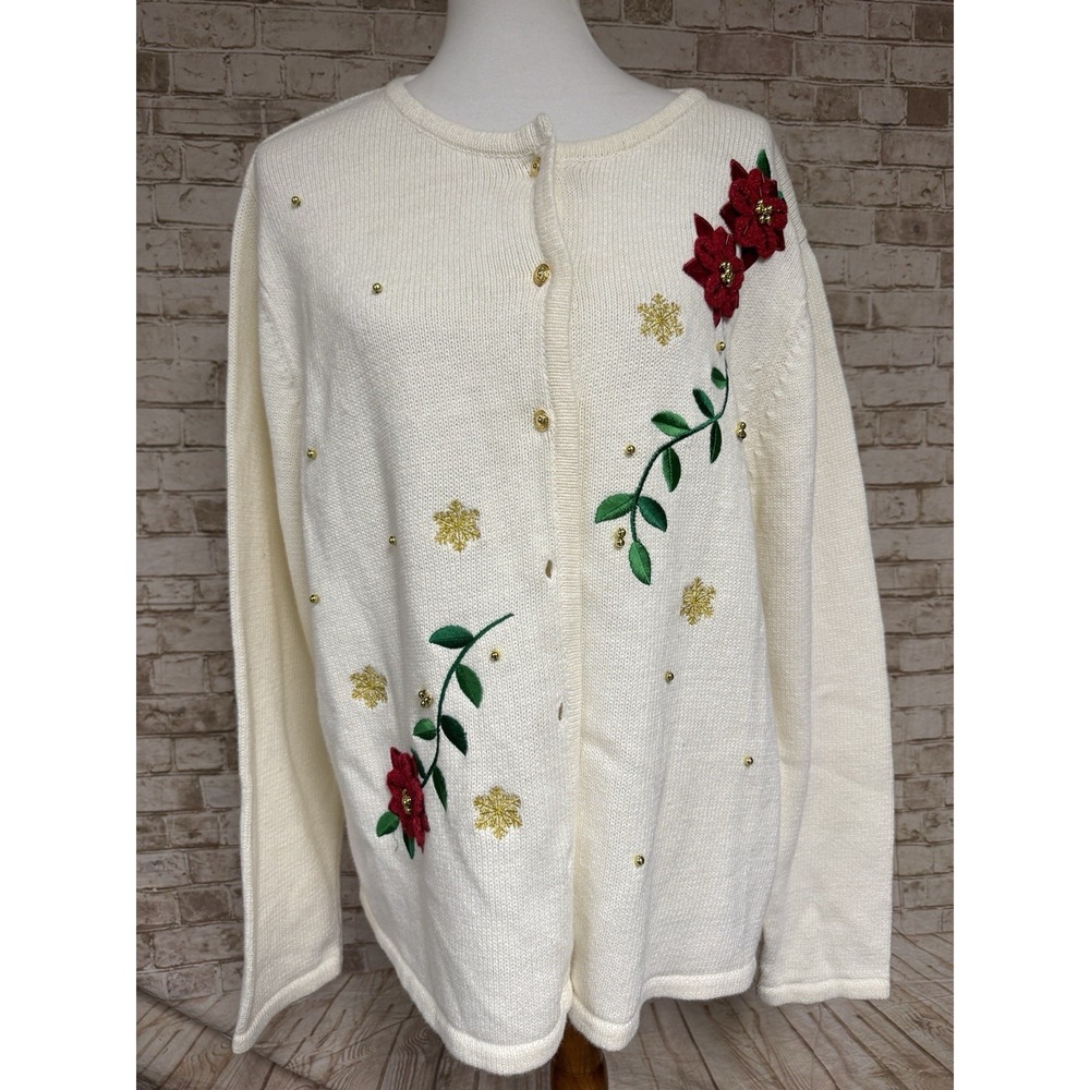 CLASSIC ELEMENTS Cream Cardigan Sweater Size‎ 20/22 W Floral Snowflake NWT